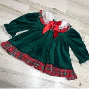 Green velvet red plaid Christmas dress baby